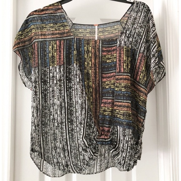 Free People Tops - Free People Blouse Women's XS Multicolor Abstract Sheer Square Neck
